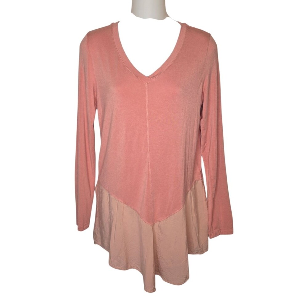 LOGO Lori Goldstein Peach V-Neck Mixed-Media Tunic Top, Small, Sharkbite Hem, LS